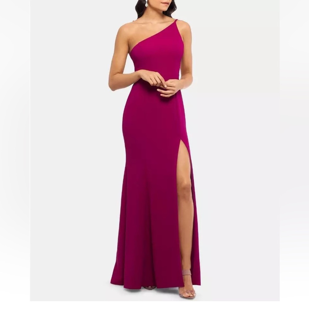 XSCAPE Women's Dark Magenta One Shoulder Crepe Gown Dress Size 8
